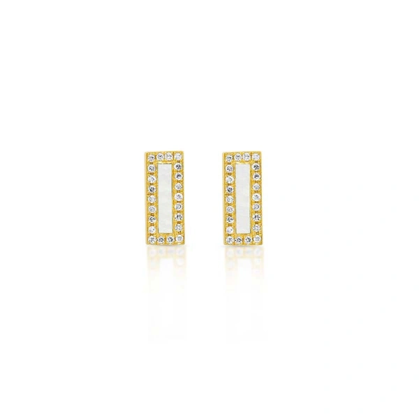 Jennifer Meyer Mother of Pearl Inlay Bar Studs with Diamonds in 18K Yellow Gold | Fine Earrings | Coveti