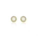 Jennifer Meyer Mother of Pearl Inlay Circle Studs with Diamonds in 18K Yellow Gold | Fine Earrings | Coveti