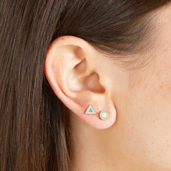 Jennifer Meyer Mother of Pearl Inlay Circle Studs with Diamonds in 18K Yellow Gold | Fine Earrings | Coveti