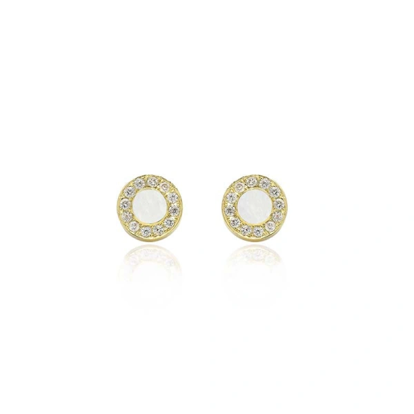 Jennifer Meyer Mother of Pearl Inlay Circle Studs with Diamonds in 18K Yellow Gold | Fine Earrings | Coveti