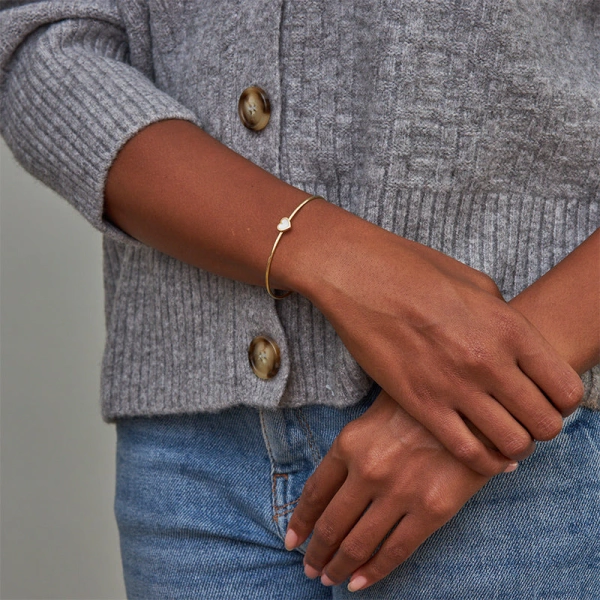 Jennifer Meyer Mother of Pearl Inlay Heart Cuff in 18K Yellow Gold | Fine Bracelets | Coveti