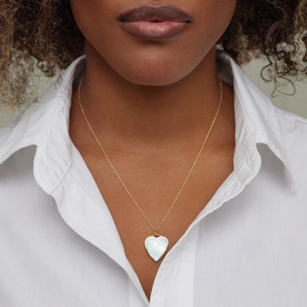Jennifer Meyer Mother of Pearl Inlay Heart Necklace in 18K Yellow Gold | Fine Necklaces | Coveti