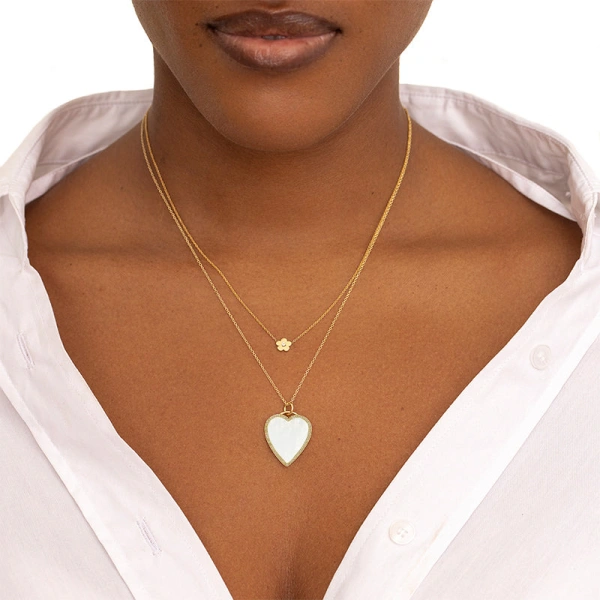 Jennifer Meyer Mother of Pearl Inlay Heart Necklace with Diamonds in 18K Yellow Gold | Fine Necklaces | Coveti
