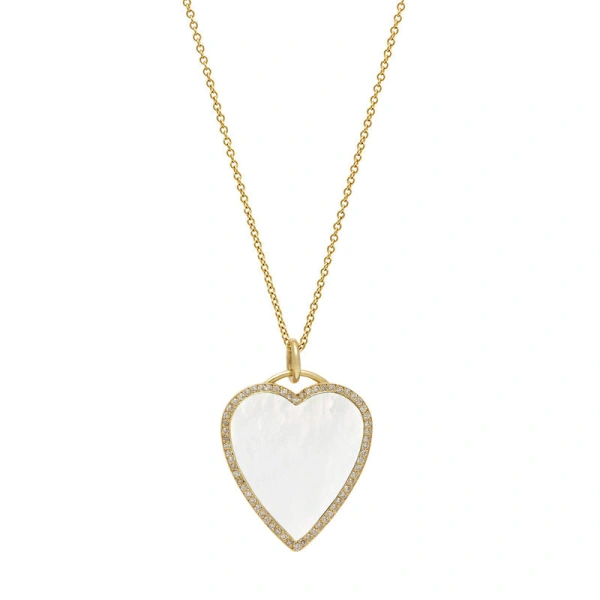 Jennifer Meyer Mother of Pearl Inlay Heart Necklace with Diamonds in 18K Yellow Gold | Fine Necklaces | Coveti
