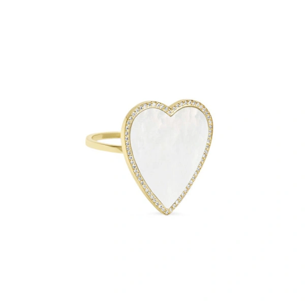 Jennifer Meyer Mother of Pearl Inlay Heart Ring with Diamonds in 18K Yellow Gold | Fine Rings | Coveti