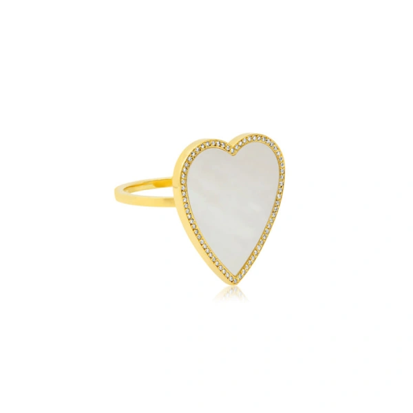 Jennifer Meyer Mother of Pearl Inlay Heart Ring with Diamonds in 18K Yellow Gold | Fine Rings | Coveti