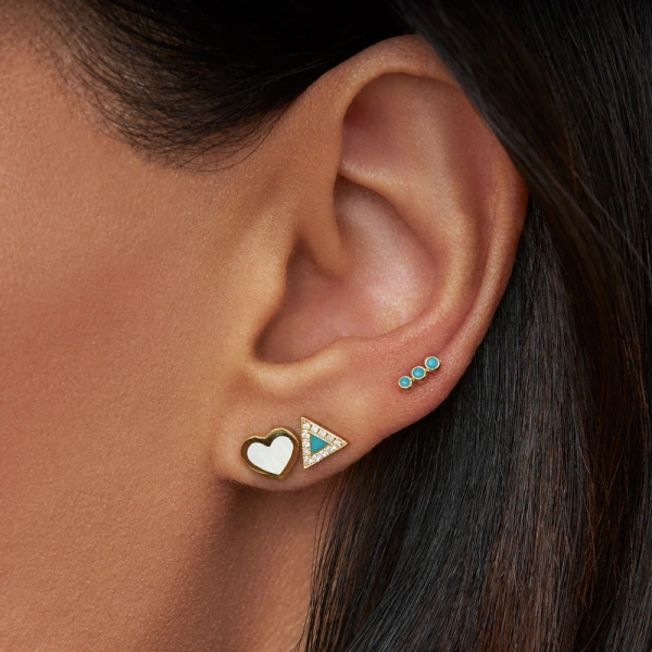 Jennifer Meyer Mother of Pearl Inlay Heart Studs in 18K Yellow Gold | Fine Earrings | Coveti