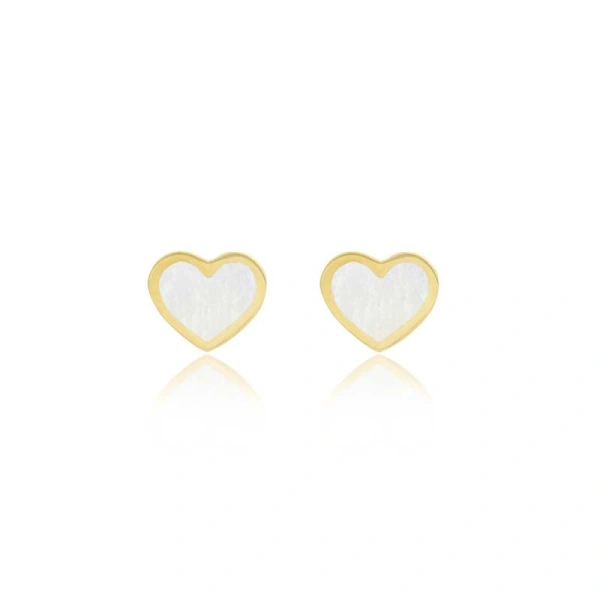 Jennifer Meyer Mother of Pearl Inlay Heart Studs in 18K Yellow Gold | Fine Earrings | Coveti