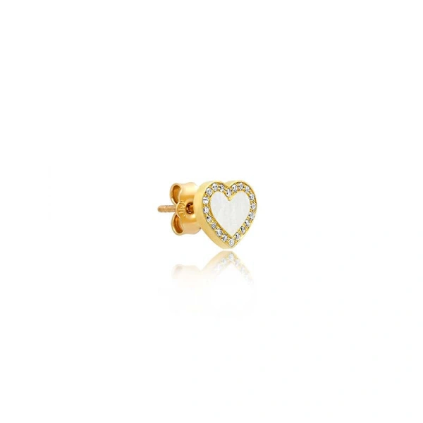 Jennifer Meyer Mother of Pearl Inlay Heart Studs with Diamonds in 18K Yellow Gold | Fine Earrings | Coveti