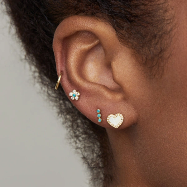 Jennifer Meyer Mother of Pearl Inlay Heart Studs with Diamonds in 18K Yellow Gold | Fine Earrings | Coveti