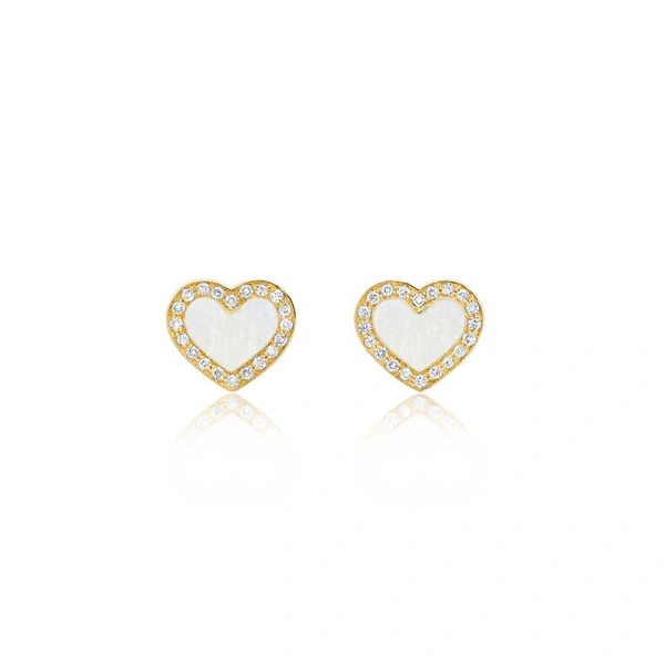 Jennifer Meyer Mother of Pearl Inlay Heart Studs with Diamonds in 18K Yellow Gold | Fine Earrings | Coveti