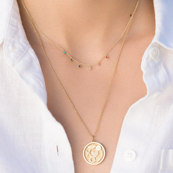 Jennifer Meyer Multicolor Mini Bezel Dangle Necklace in 18K Yellow Gold | Fine Necklaces | Coveti