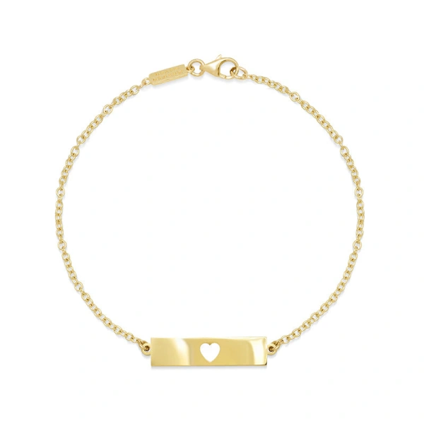 Jennifer Meyer Nameplate Bracelet with Cut Out Heart Accent in 18K Yellow Gold | Fine Bracelets | Coveti