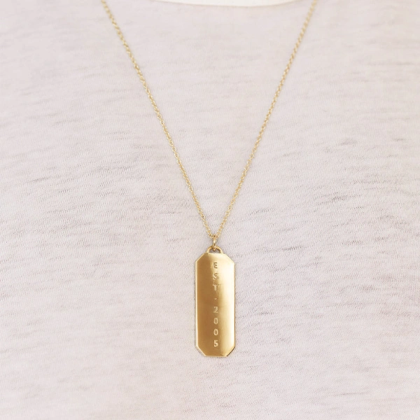 Jennifer Meyer Nameplate Tag Necklace in 18K Yellow Gold, Single Earring | Fine Necklaces | Coveti