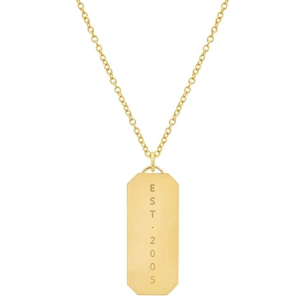 Jennifer Meyer Nameplate Tag Necklace in 18K Yellow Gold, Single Earring | Fine Necklaces | Coveti