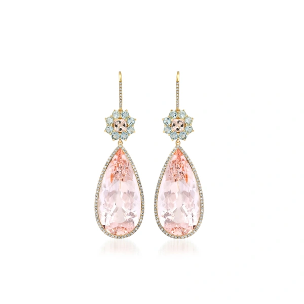 One of a Kind Flower and Teardrop Earrings in 18K Yellow Gold