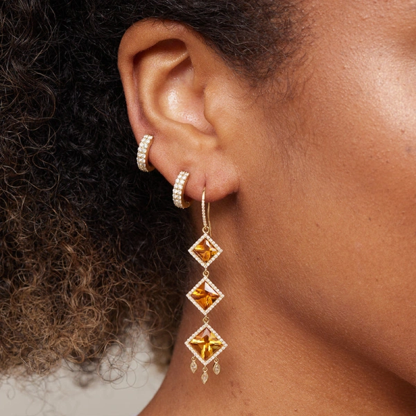 Jennifer Meyer One of a Kind Princess Cut Citrine and Diamond Earrings in 18K Yellow Gold | Fine Earrings | Coveti
