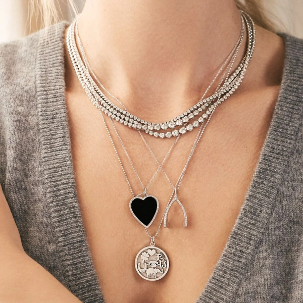 Jennifer Meyer Onyx Inlay Heart Necklace with Diamonds in 18K White Gold | Fine Necklaces | Coveti