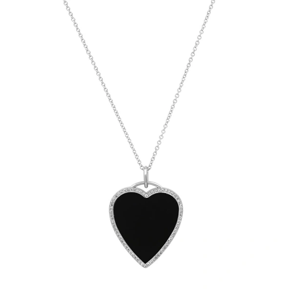 Jennifer Meyer Onyx Inlay Heart Necklace with Diamonds in 18K White Gold | Fine Necklaces | Coveti