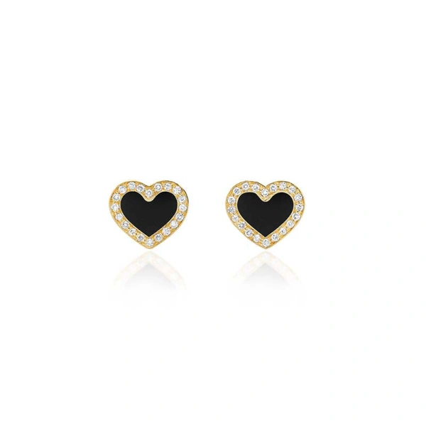 Jennifer Meyer Onyx Inlay Heart Studs with Diamonds in 18K Yellow Gold | Fine Earrings | Coveti