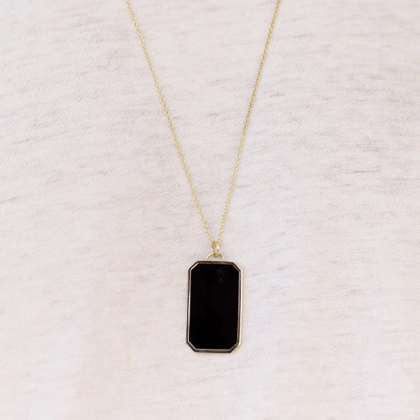 Jennifer Meyer Onyx Inlay Tag Necklace in 18K Yellow Gold | Fine Necklaces | Coveti