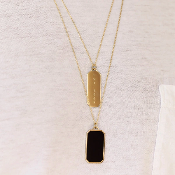 Jennifer Meyer Onyx Inlay Tag Necklace in 18K Yellow Gold | Fine Necklaces | Coveti