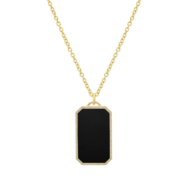 Jennifer Meyer Onyx Inlay Tag Necklace with Diamonds in 18K Yellow Gold | Fine Necklaces | Coveti