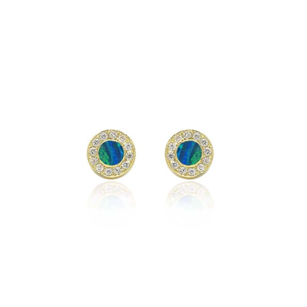 Opal Inlay Circle Studs with Diamonds in 18K Yellow Gold