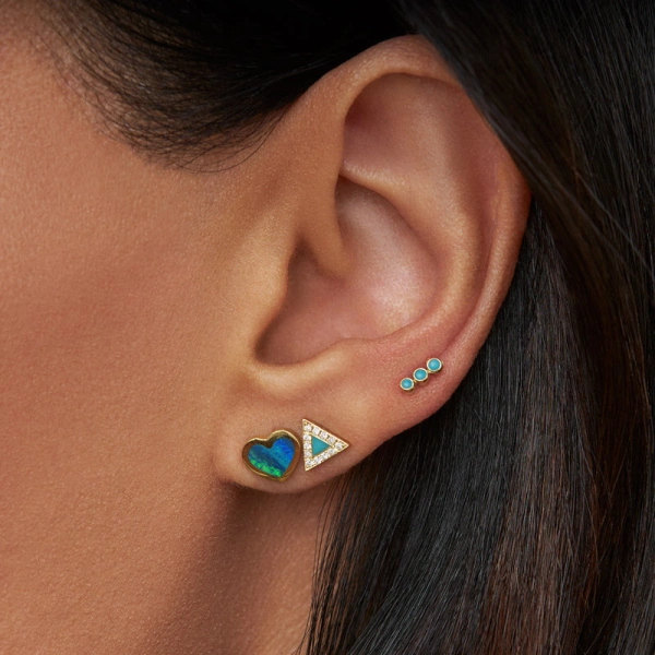 Jennifer Meyer Opal Inlay Heart Studs in 18K Yellow Gold | Fine Earrings | Coveti