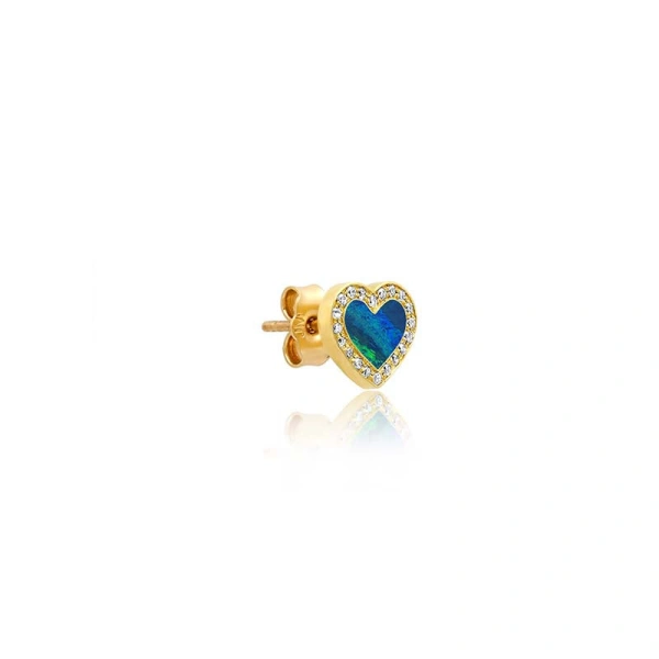 Jennifer Meyer Opal Inlay Heart Studs with Diamonds in 18K Yellow Gold | Fine Earrings | Coveti