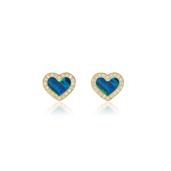 Jennifer Meyer Opal Inlay Heart Studs with Diamonds in 18K Yellow Gold | Fine Earrings | Coveti