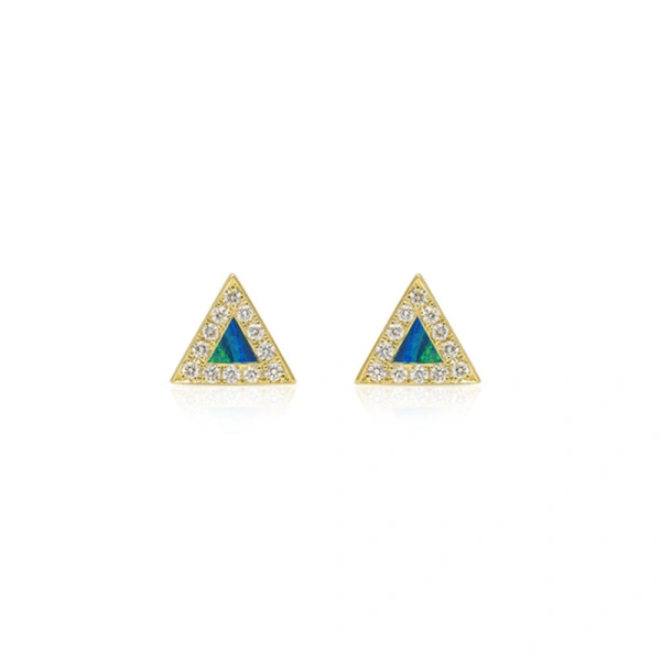 Opal Inlay Triangle Studs with Diamonds in 18K Yellow Gold