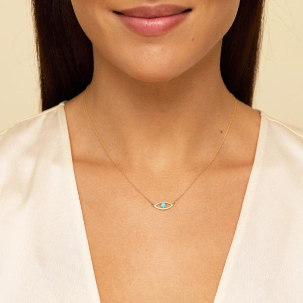 Jennifer Meyer Open Evil Eye Necklace with Turquoise Center in 18K Yellow Gold | Fine Necklaces | Coveti