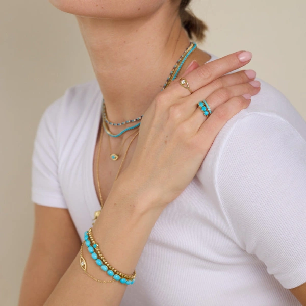 Jennifer Meyer Oval Cut Turquoise Tennis Bracelet in 18K Yellow Gold | Fine Bracelets | Coveti