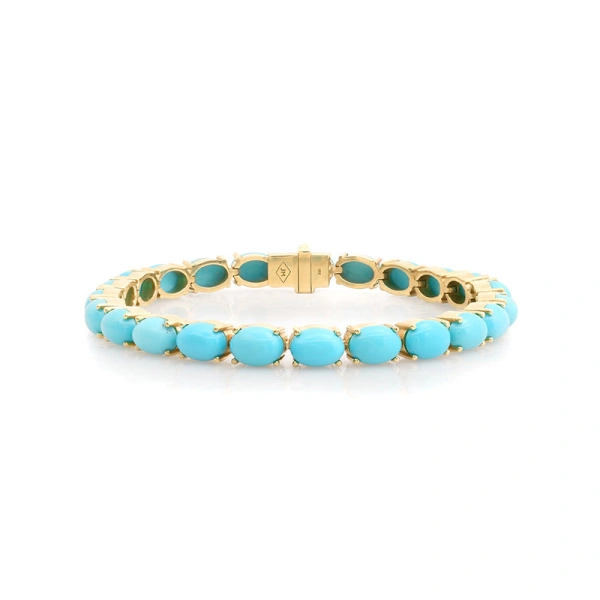 Oval Cut Turquoise Tennis Bracelet in 18K Yellow Gold