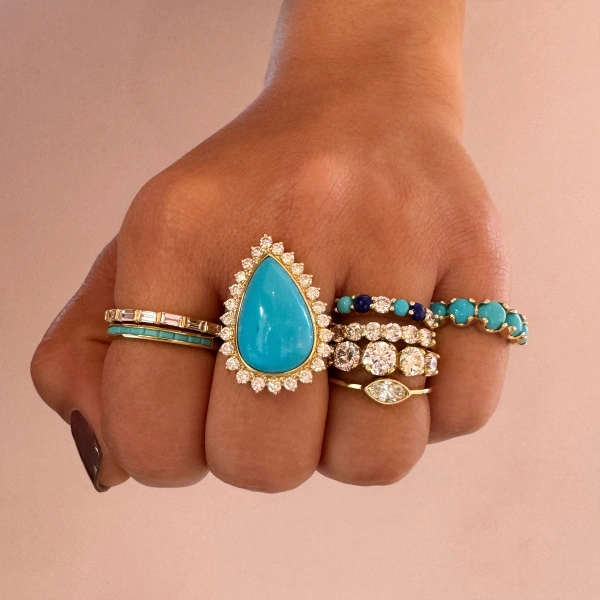 Jennifer Meyer Pear Cut Turquoise Cabochon and Diamond Ring in 18K Yellow Gold | Fine Rings | Coveti