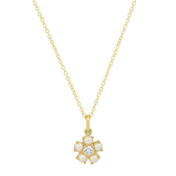 Jennifer Meyer Pearl Flower Necklace with Diamond Center in 18K Yellow Gold | Fine Necklaces | Coveti