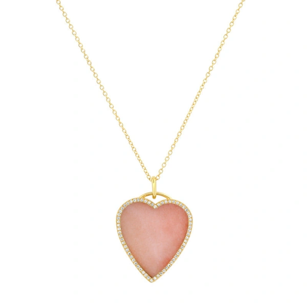 Jennifer Meyer Pink Opal Inlay Heart Necklace with Diamonds in 18K Yellow Gold | Fine Necklaces | Coveti