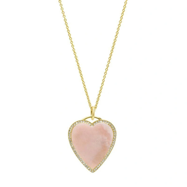Jennifer Meyer Pink Opal Inlay Heart Necklace with Diamonds in 18K Yellow Gold | Fine Necklaces | Coveti