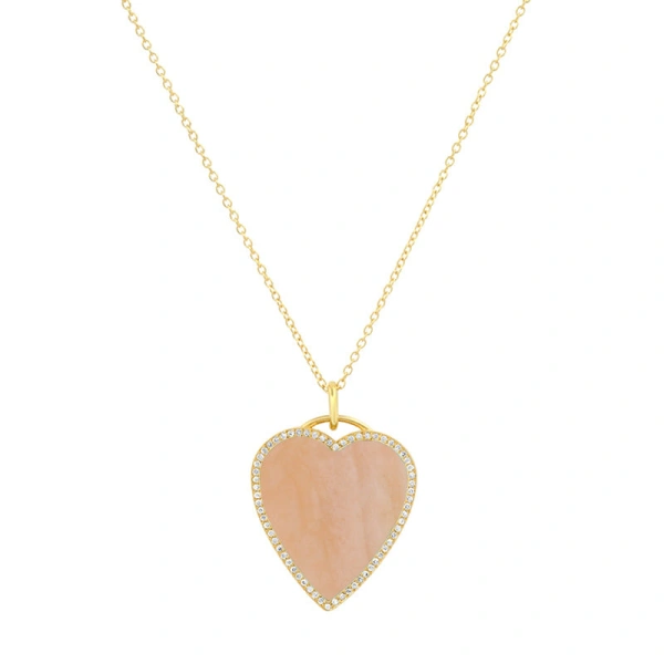 Jennifer Meyer Pink Opal Inlay Heart Necklace with Diamonds in 18K Yellow Gold | Fine Necklaces | Coveti