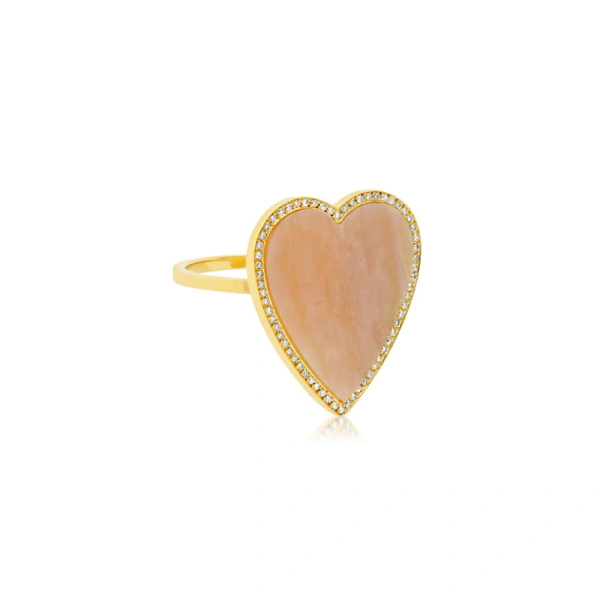 Jennifer Meyer Pink Opal Inlay Heart Ring with Diamonds in 18K Yellow Gold | Fine Rings | Coveti