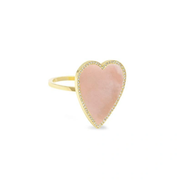 Jennifer Meyer Pink Opal Inlay Heart Ring with Diamonds in 18K Yellow Gold | Fine Rings | Coveti