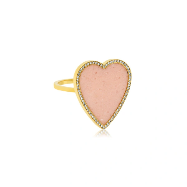 Pink Opal Inlay Heart Ring with Diamonds in 18K Yellow Gold