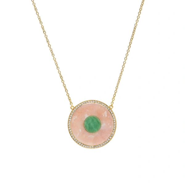 Jennifer Meyer Pink Opal and Green Turquoise Inlay Evil Eye Necklace with Diamonds in 18K Yellow Gold | Fine Necklaces | Coveti