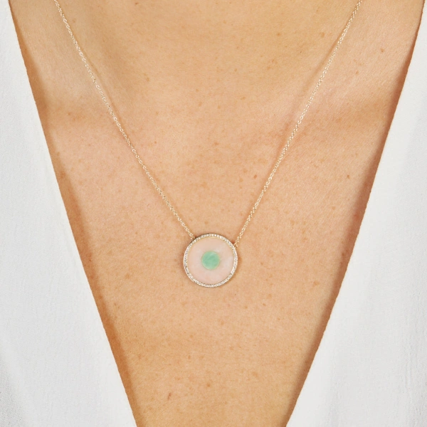 Jennifer Meyer Pink Opal and Green Turquoise Inlay Evil Eye Necklace with Diamonds in 18K Yellow Gold | Fine Necklaces | Coveti