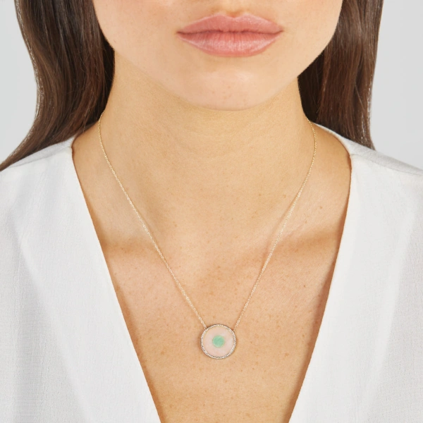 Jennifer Meyer Pink Opal and Green Turquoise Inlay Evil Eye Necklace with Diamonds in 18K Yellow Gold | Fine Necklaces | Coveti