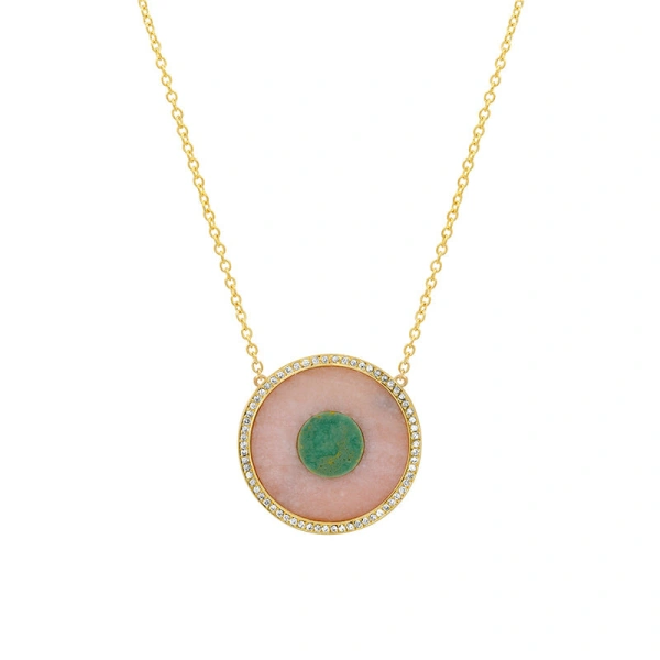 Jennifer Meyer Pink Opal and Green Turquoise Inlay Evil Eye Necklace with Diamonds in 18K Yellow Gold | Fine Necklaces | Coveti