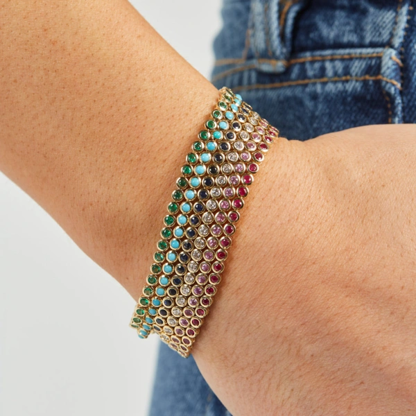 Jennifer Meyer Pink Sapphire Bezel Tennis Bracelet in 18K Yellow Gold | Fine Bracelets | Coveti
