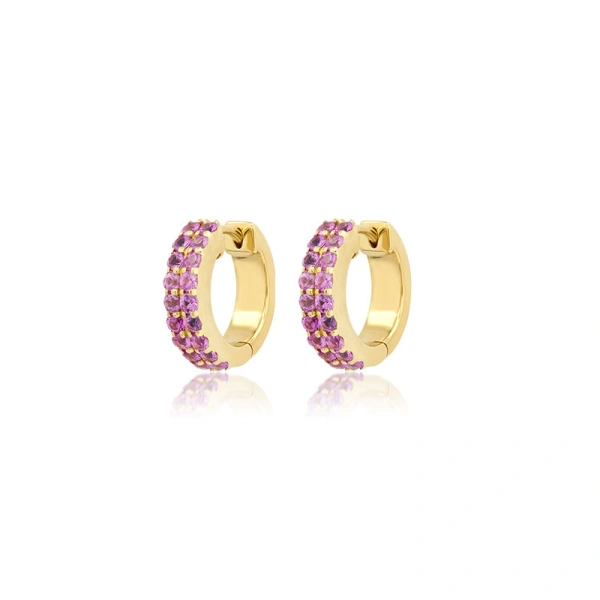 Jennifer Meyer Pink Sapphire Double Row Huggies in 18K Yellow Gold | Fine Earrings | Coveti