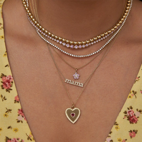 Jennifer Meyer Pink Sapphire Flower Necklace with Diamond Center in 18K Yellow Gold | Fine Necklaces | Coveti